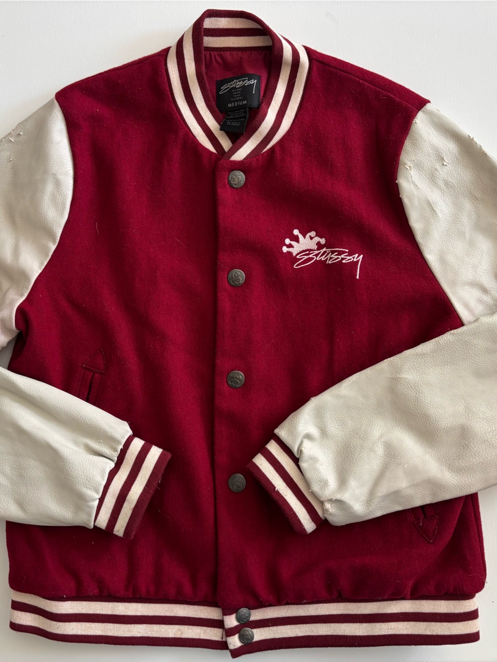 Stussy Red and White Varsity Bomber Jacket